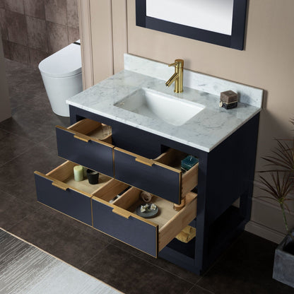 Woodbridge Venice 43" Gray and Gold Trim Solid Wood Vanity Base and Carrara Marble Top With Pre-Drilled Single Hole Faucet