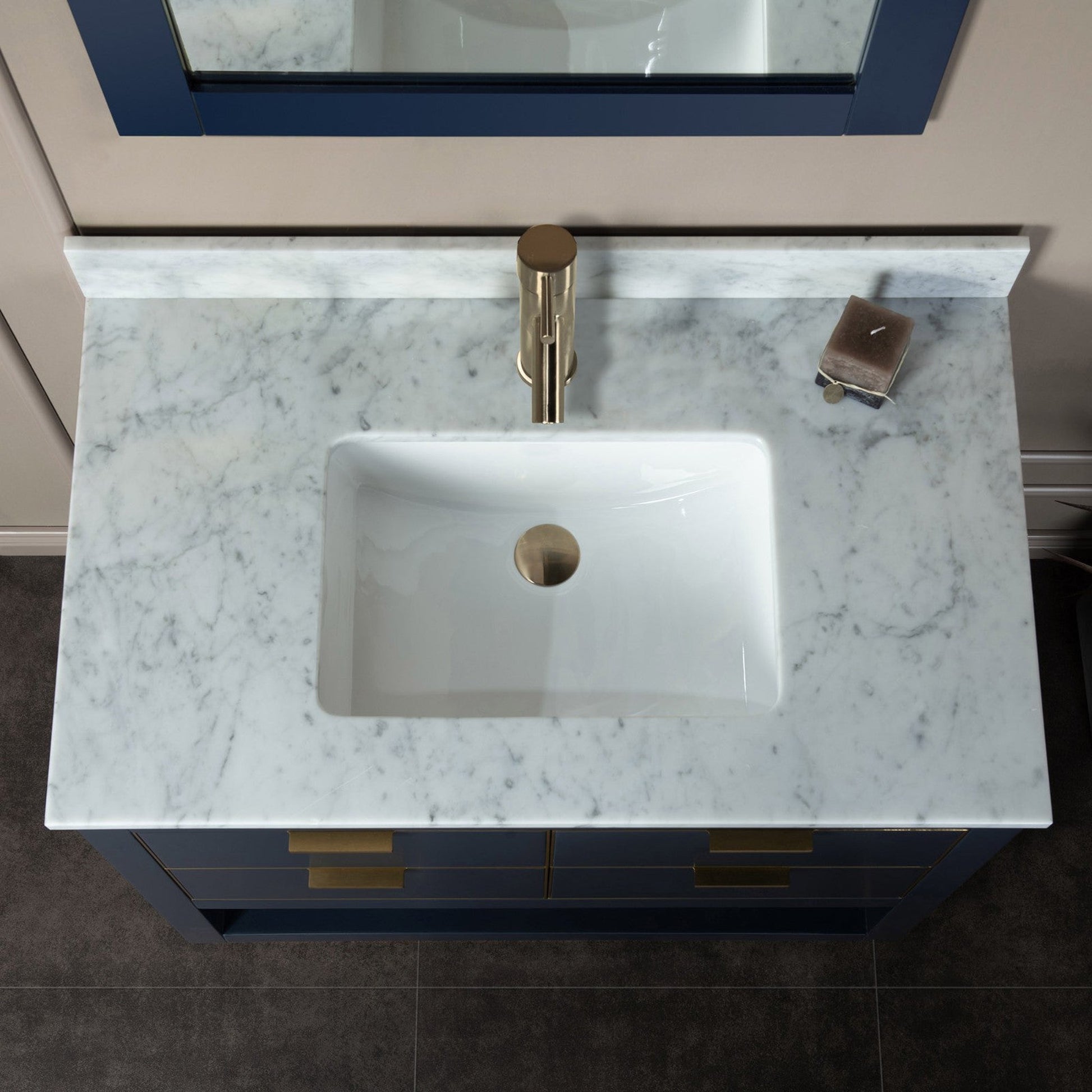 Woodbridge Venice 43" Gray and Gold Trim Solid Wood Vanity Base and Carrara Marble Top With Pre-Drilled Single Hole Faucet