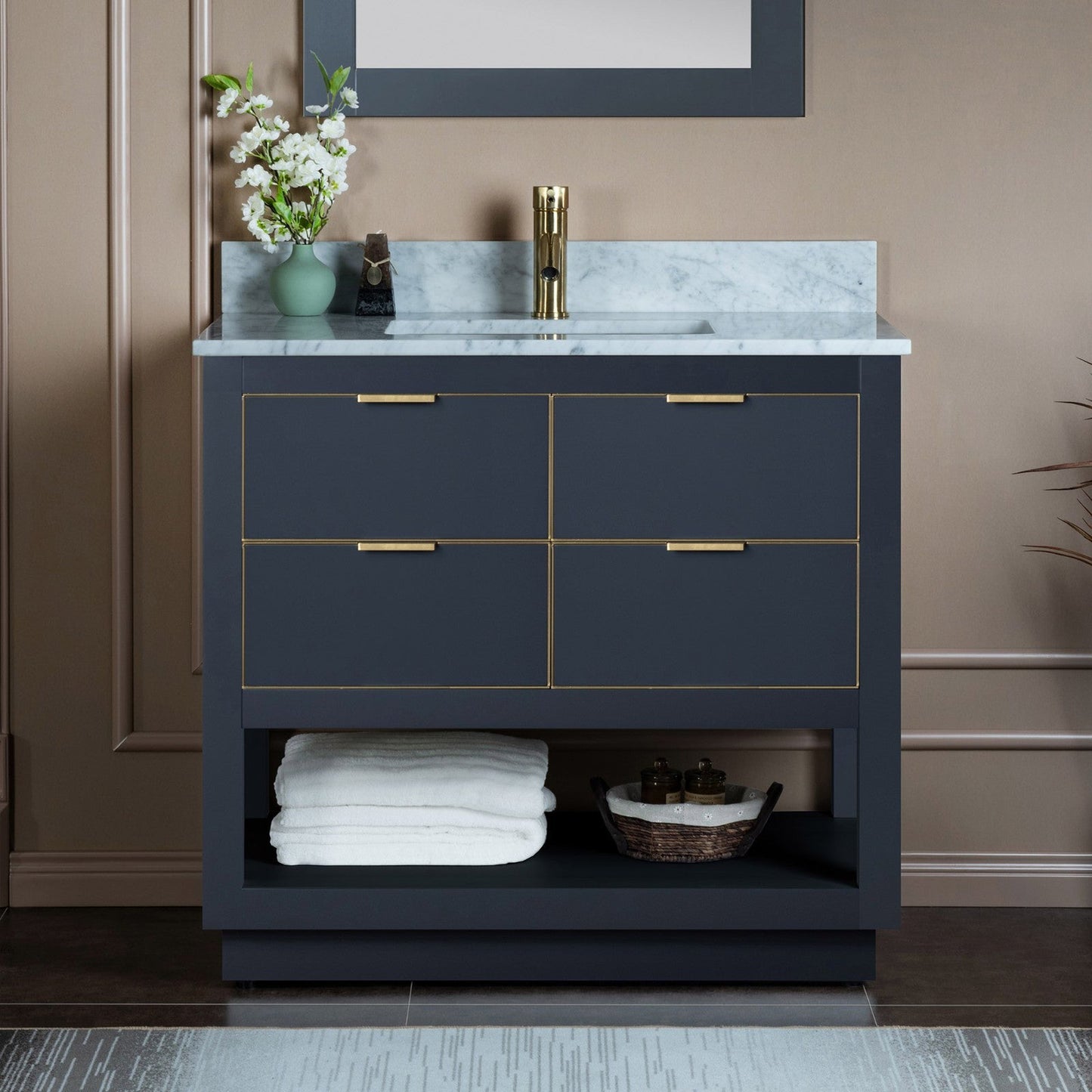 Woodbridge Venice 43" Gray and Gold Trim Solid Wood Vanity Base and Carrara Marble Top With Pre-Drilled Single Hole Faucet