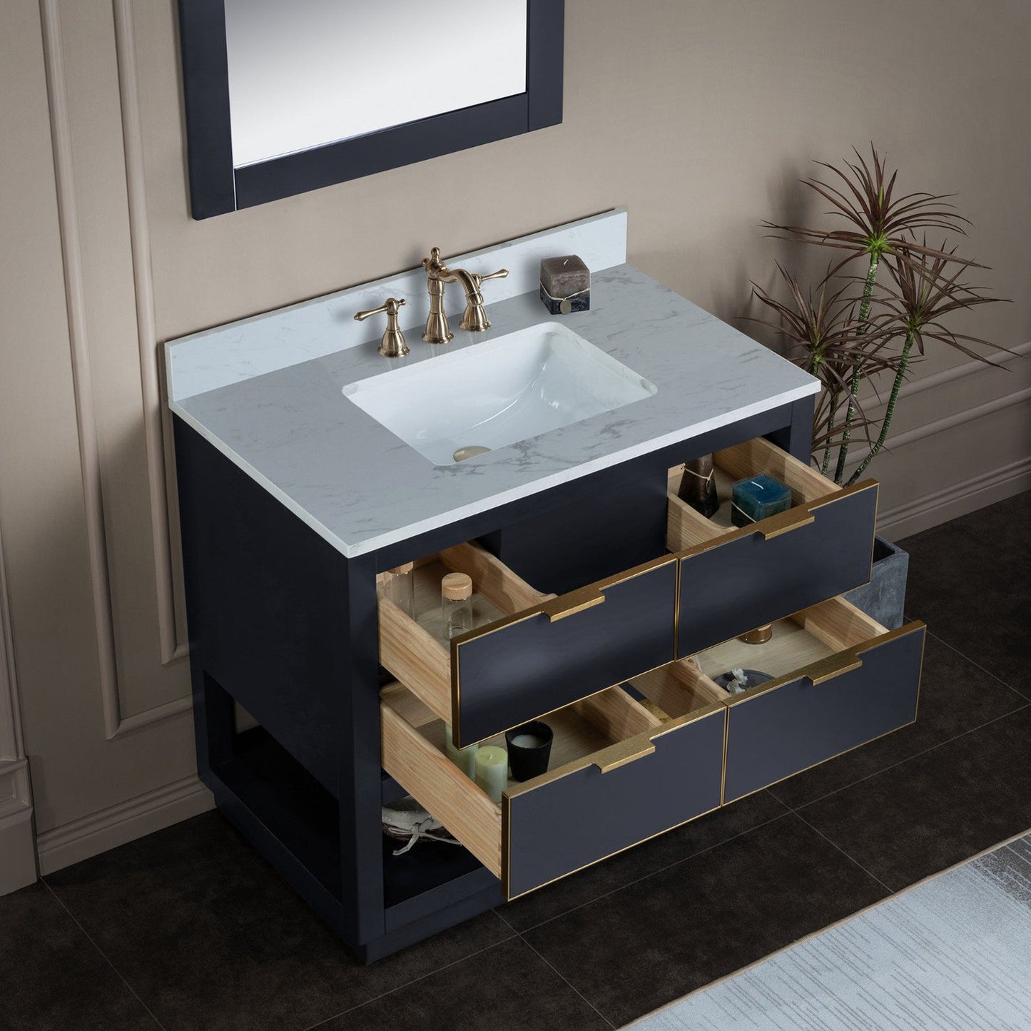Woodbridge Venice 43" Gray and Gold Trim Solid Wood Vanity Base and Carrara White Engineered Stone Top With 3 Pre-drilled Holes for 8" Widespread Faucet
