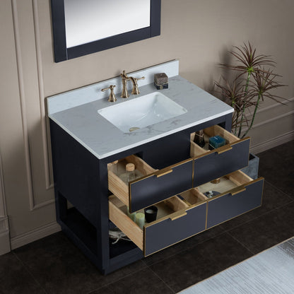 Woodbridge Venice 43" Gray and Gold Trim Solid Wood Vanity Base and Carrara White Engineered Stone Top With 3 Pre-drilled Holes for 8" Widespread Faucet