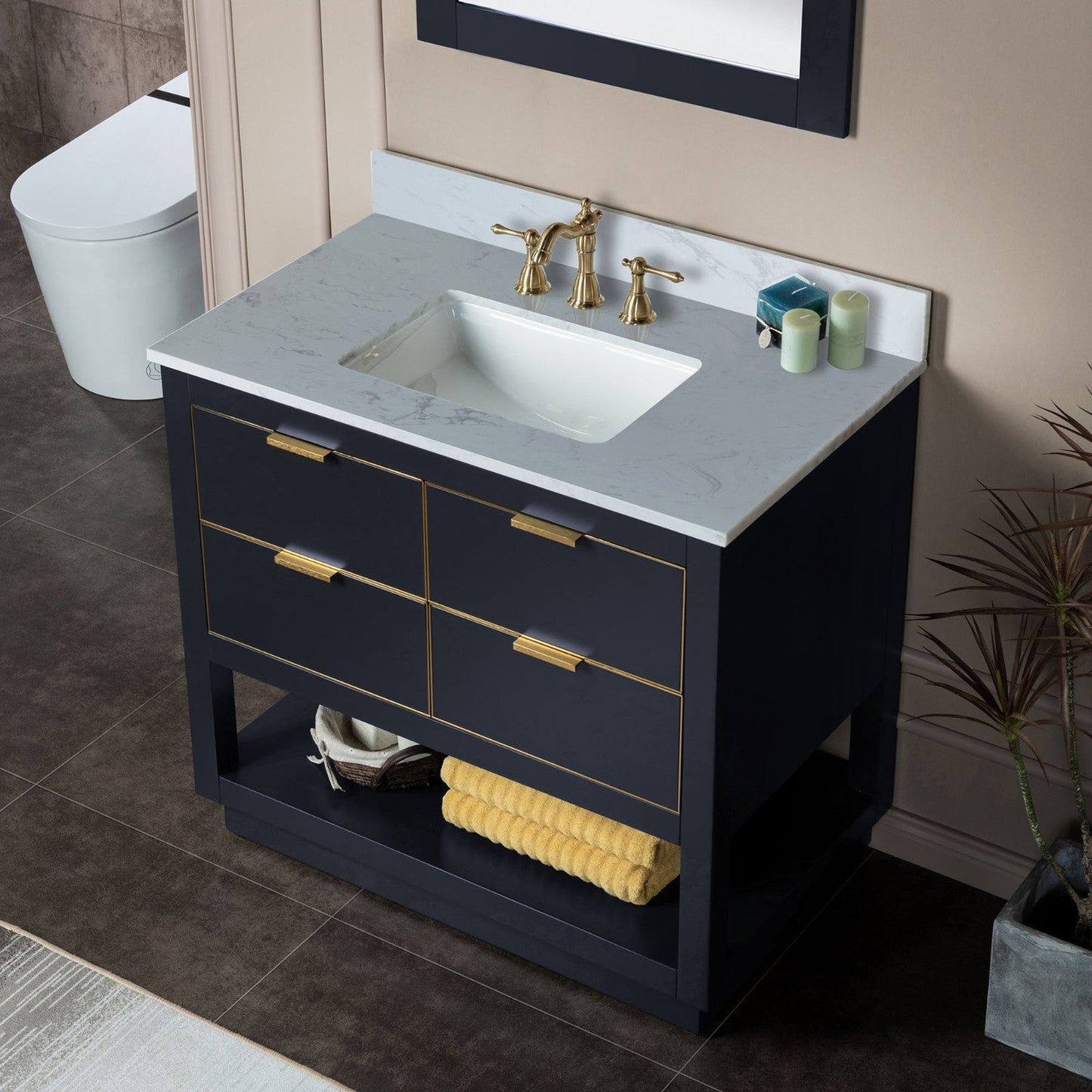 Woodbridge Venice 43" Gray and Gold Trim Solid Wood Vanity Base and Carrara White Engineered Stone Top With 3 Pre-drilled Holes for 8" Widespread Faucet