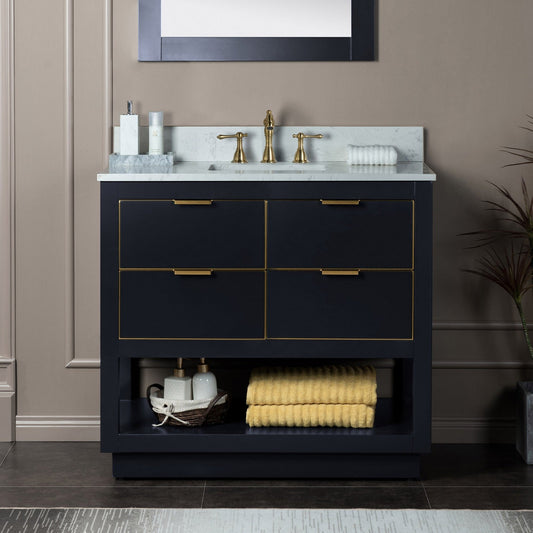 Woodbridge Venice 43" Gray and Gold Trim Solid Wood Vanity Base and Carrara White Engineered Stone Top With 3 Pre-drilled Holes for 8" Widespread Faucet