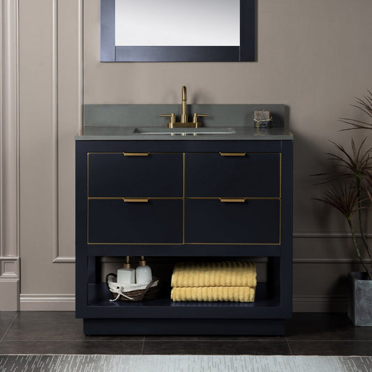 Woodbridge Venice 43" Gray and Gold Trim Solid Wood Vanity Base and Dark Gray Engineered Stone Composite Top With 3 Pre-Drilled Holes for 4" Centerset Faucet