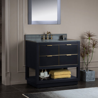 Woodbridge Venice 43" Gray and Gold Trim Solid Wood Vanity Base and Dark Gray Engineered Stone Composite Top With 3 Pre-drilled Holes for 8" Widespread Faucet
