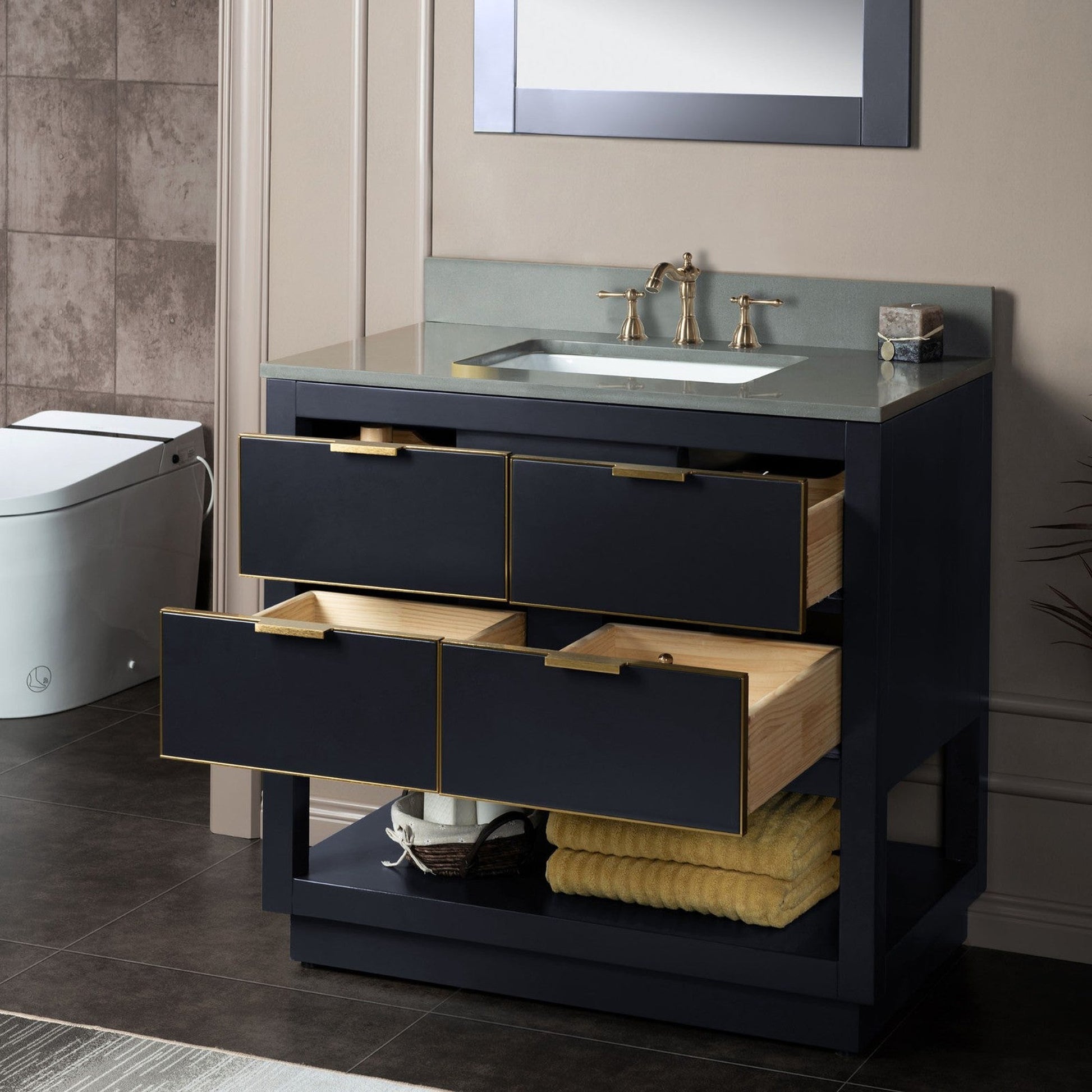 Woodbridge Venice 43" Gray and Gold Trim Solid Wood Vanity Base and Dark Gray Engineered Stone Composite Top With 3 Pre-drilled Holes for 8" Widespread Faucet