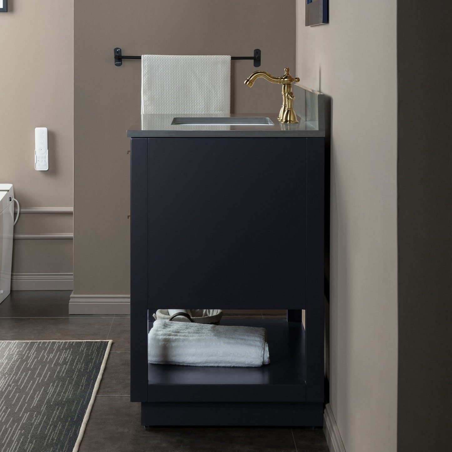 Woodbridge Venice 43" Gray and Gold Trim Solid Wood Vanity Base and Dark Gray Engineered Stone Composite Top With 3 Pre-drilled Holes for 8" Widespread Faucet