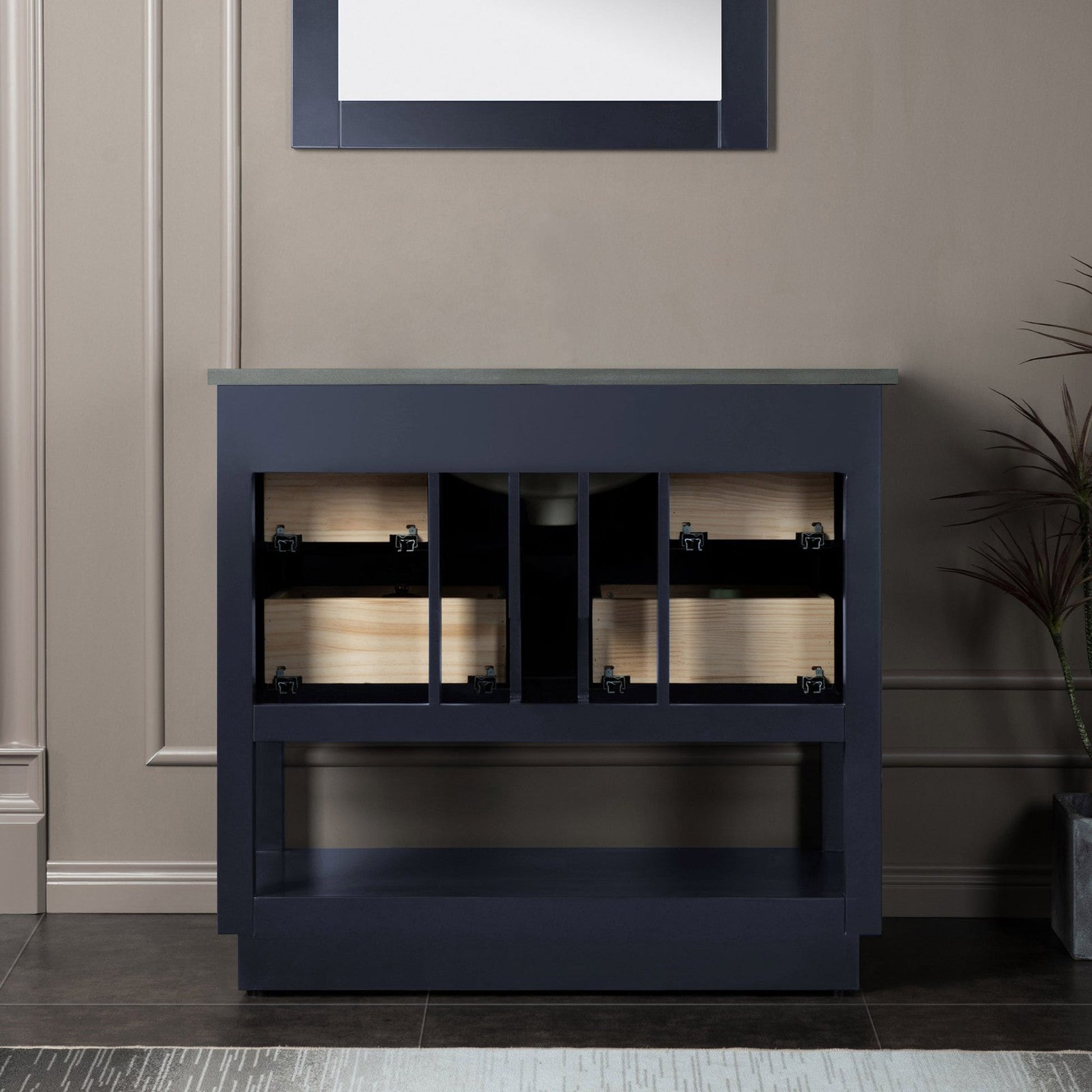 Woodbridge Venice 43" Gray and Gold Trim Solid Wood Vanity Base and Dark Gray Engineered Stone Composite Top With 3 Pre-drilled Holes for 8" Widespread Faucet