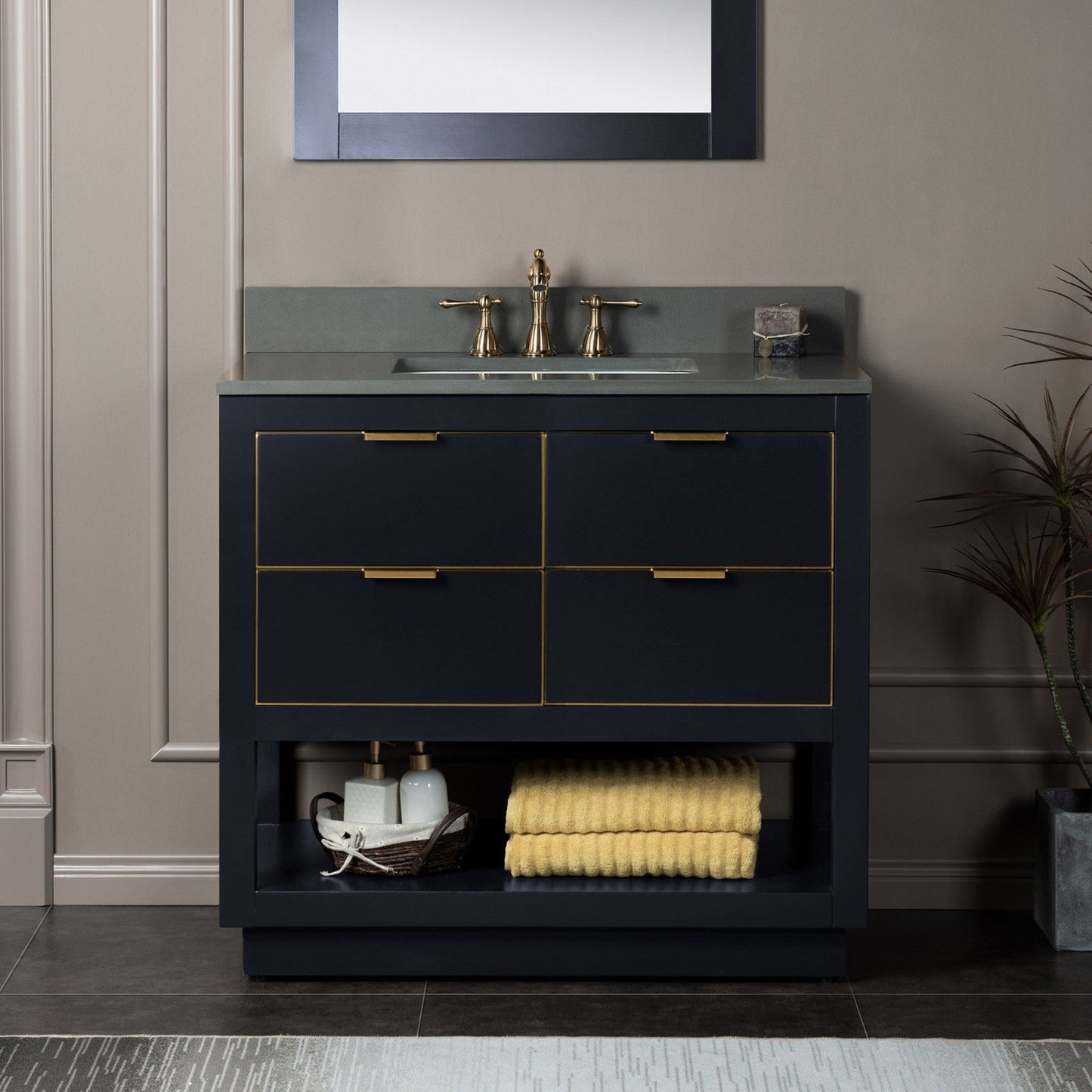Woodbridge Venice 43" Gray and Gold Trim Solid Wood Vanity Base and Dark Gray Engineered Stone Composite Top With 3 Pre-drilled Holes for 8" Widespread Faucet