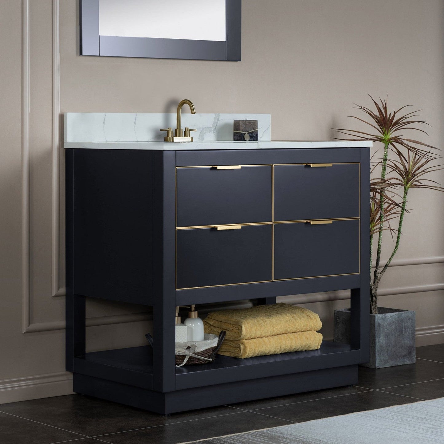 Woodbridge Venice 43" Gray and Gold Trim Solid Wood Vanity Base and Fish Belly White Engineered Stone Composite Top With 3 Pre-Drilled Holes for 4" Centerset Faucet