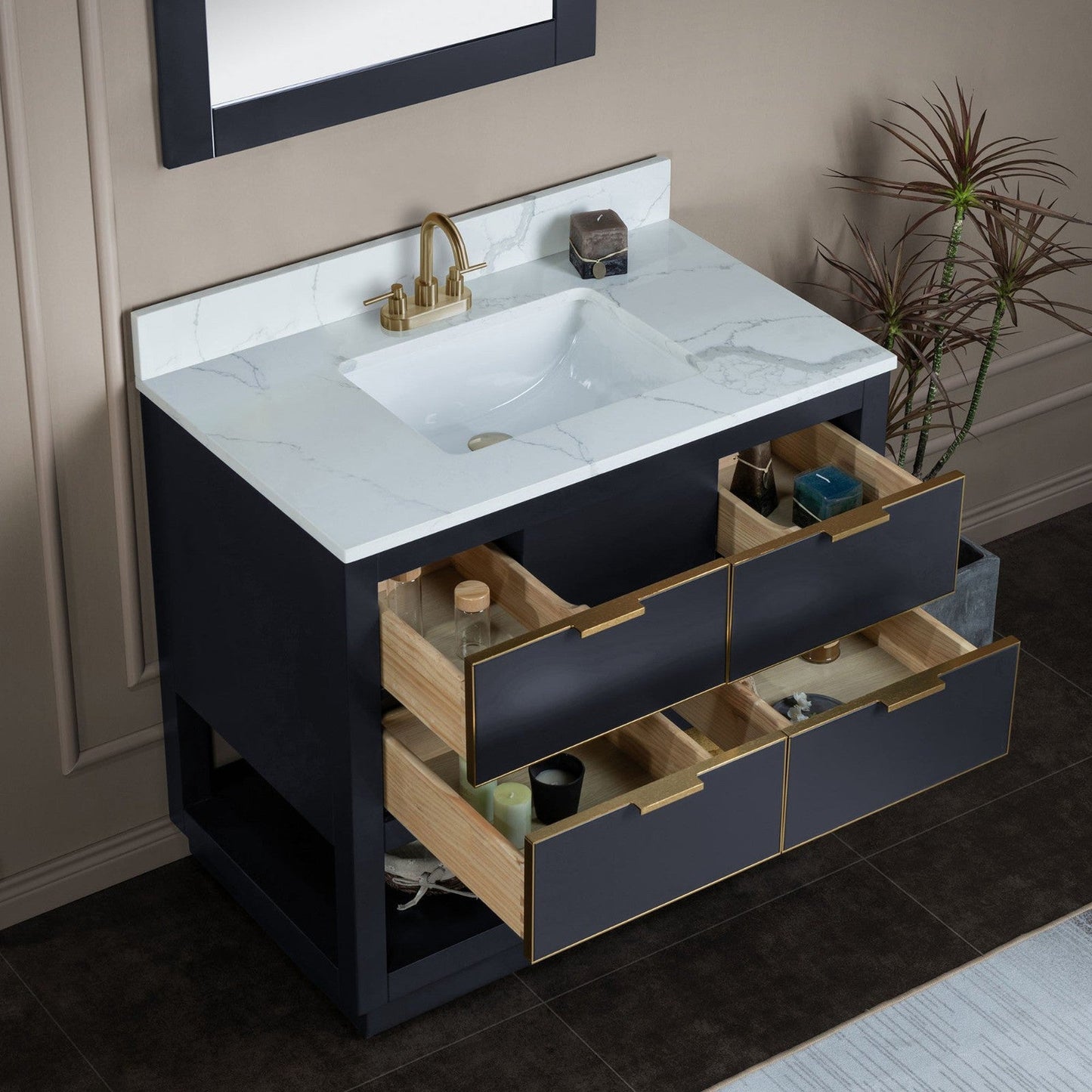 Woodbridge Venice 43" Gray and Gold Trim Solid Wood Vanity Base and Fish Belly White Engineered Stone Composite Top With 3 Pre-Drilled Holes for 4" Centerset Faucet