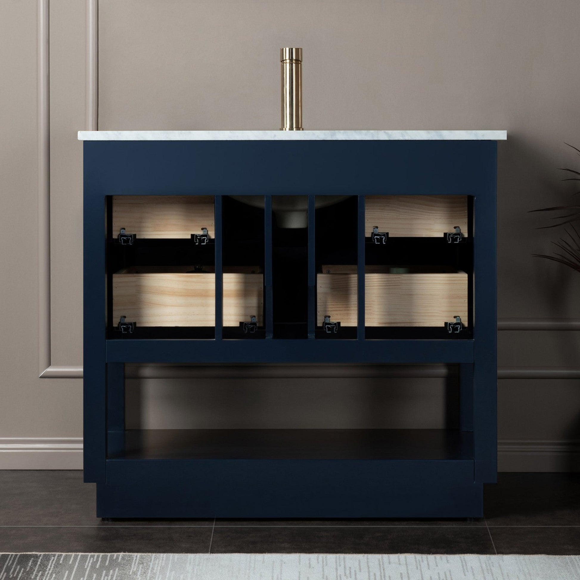 Woodbridge Venice 43" Navy Blue and Gold Trim Solid Wood Vanity Base and Carrara Marble Top With 3 Pre-Drilled Holes for 4" Centerset Faucet