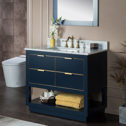 Woodbridge Venice 43" Navy Blue and Gold Trim Solid Wood Vanity Base and Carrara Marble Top With 3 Pre-Drilled Holes for 4" Centerset Faucet