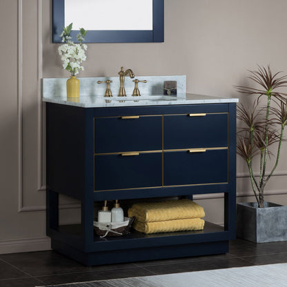 Woodbridge Venice 43" Navy Blue and Gold Trim Solid Wood Vanity Base and Carrara Marble Top With 3 Pre-Drilled Holes for 4" Centerset Faucet