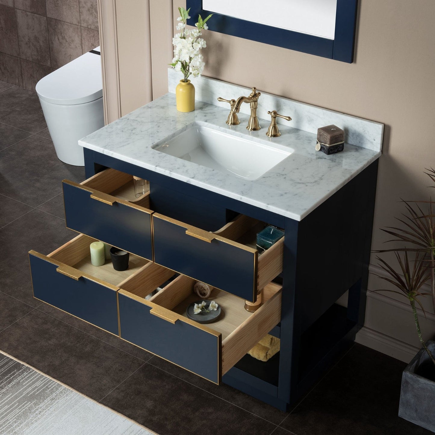 Woodbridge Venice 43" Navy Blue and Gold Trim Solid Wood Vanity Base and Carrara Marble Top With 3 Pre-Drilled Holes for 4" Centerset Faucet