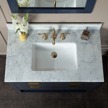 Woodbridge Venice 43" Navy Blue and Gold Trim Solid Wood Vanity Base and Carrara Marble Top With 3 Pre-Drilled Holes for 4" Centerset Faucet