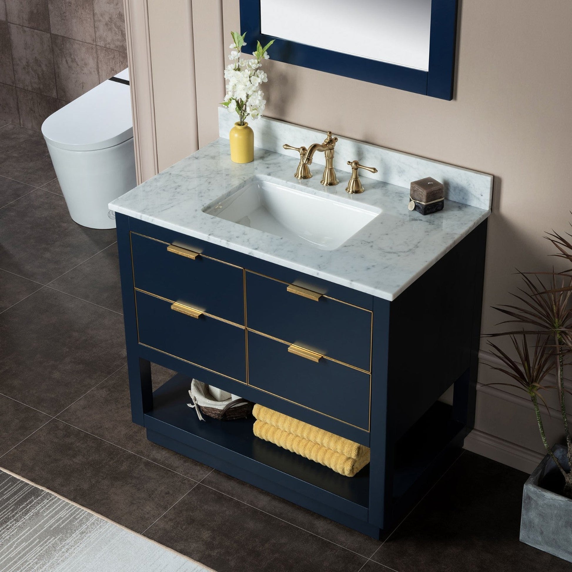 Woodbridge Venice 43" Navy Blue and Gold Trim Solid Wood Vanity Base and Carrara Marble Top With 3 Pre-Drilled Holes for 4" Centerset Faucet