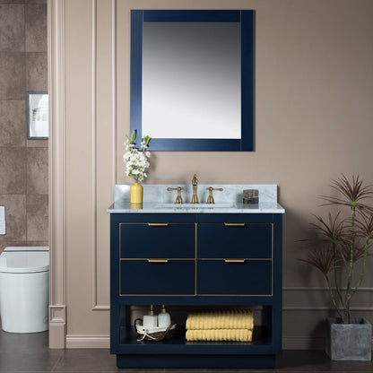Woodbridge Venice 43" Navy Blue and Gold Trim Solid Wood Vanity Base and Carrara Marble Top With 3 Pre-Drilled Holes for 4" Centerset Faucet