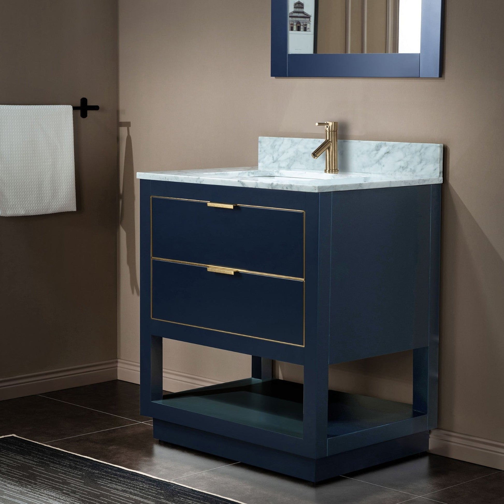 Woodbridge Venice 43" Navy Blue and Gold Trim Solid Wood Vanity Base and Carrara Marble Top With Pre-Drilled Single Hole Faucet