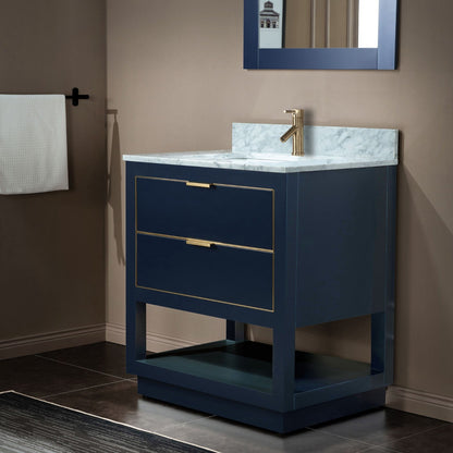Woodbridge Venice 43" Navy Blue and Gold Trim Solid Wood Vanity Base and Carrara Marble Top With Pre-Drilled Single Hole Faucet