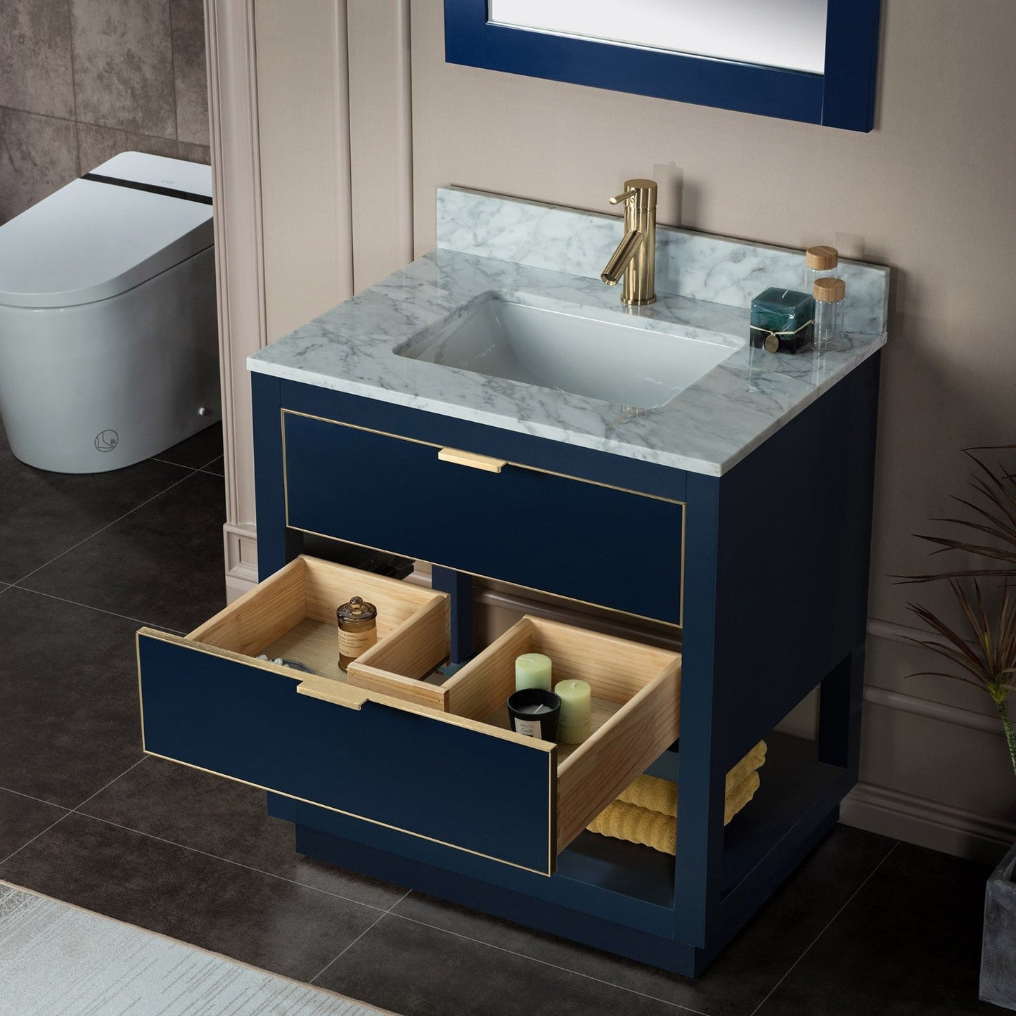 Woodbridge Venice 43" Navy Blue and Gold Trim Solid Wood Vanity Base and Carrara Marble Top With Pre-Drilled Single Hole Faucet