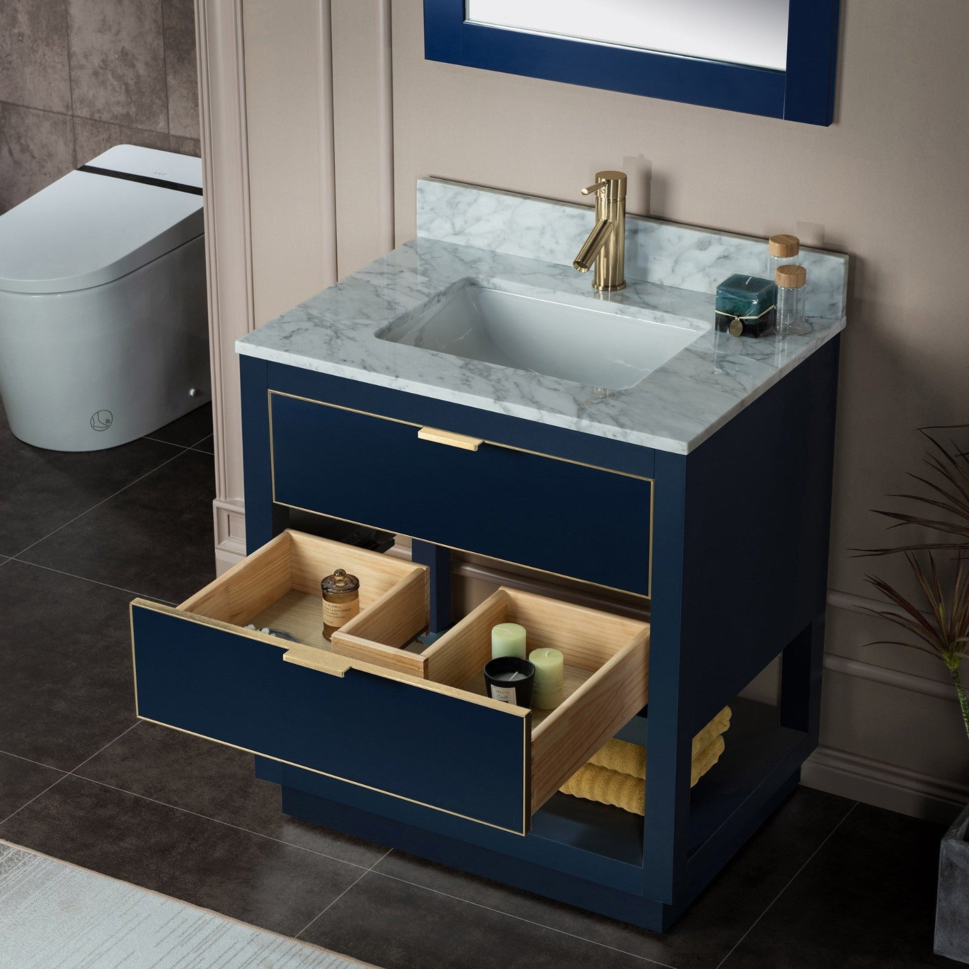 Woodbridge Venice 43" Navy Blue and Gold Trim Solid Wood Vanity Base and Carrara Marble Top With Pre-Drilled Single Hole Faucet