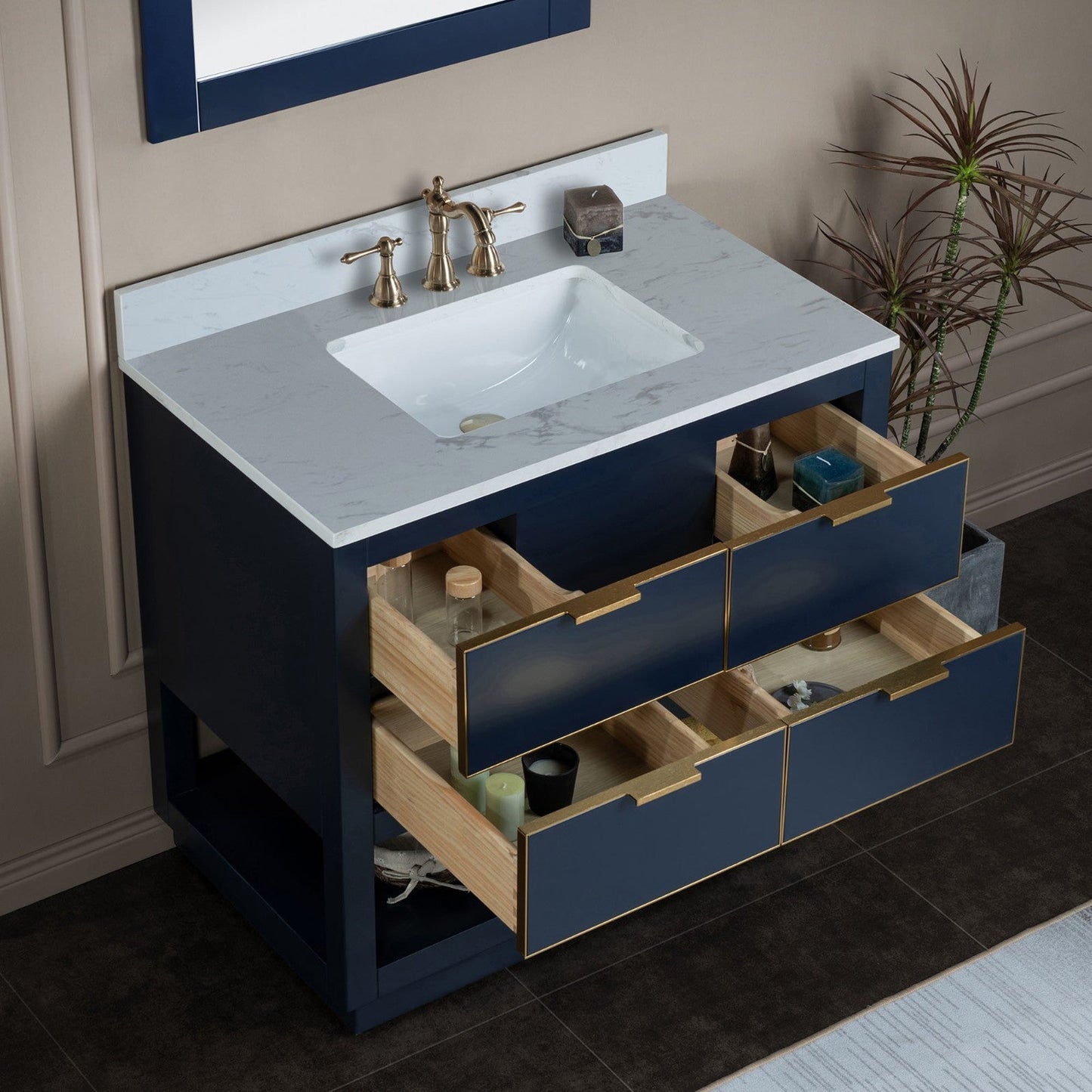 Woodbridge Venice 43" Navy Blue and Gold Trim Solid Wood Vanity Base and Carrara White Engineered Stone Top With 3 Pre-drilled Holes for 8" Widespread Faucet