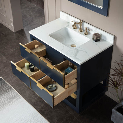Woodbridge Venice 43" Navy Blue and Gold Trim Solid Wood Vanity Base and Fish Belly White Engineered Stone Composite Top With 3 Pre-drilled Holes for 8" Widespread Faucet