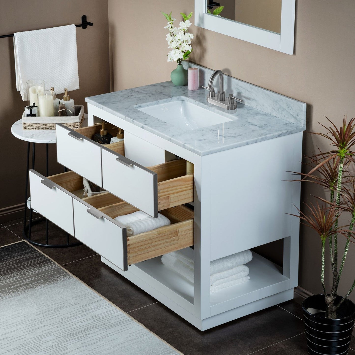 Woodbridge Venice 43" White and Brushed Nickel Trim Solid Wood Vanity Base and Carrara Marble Top With 3 Pre-Drilled Holes for 4" Centerset Faucet