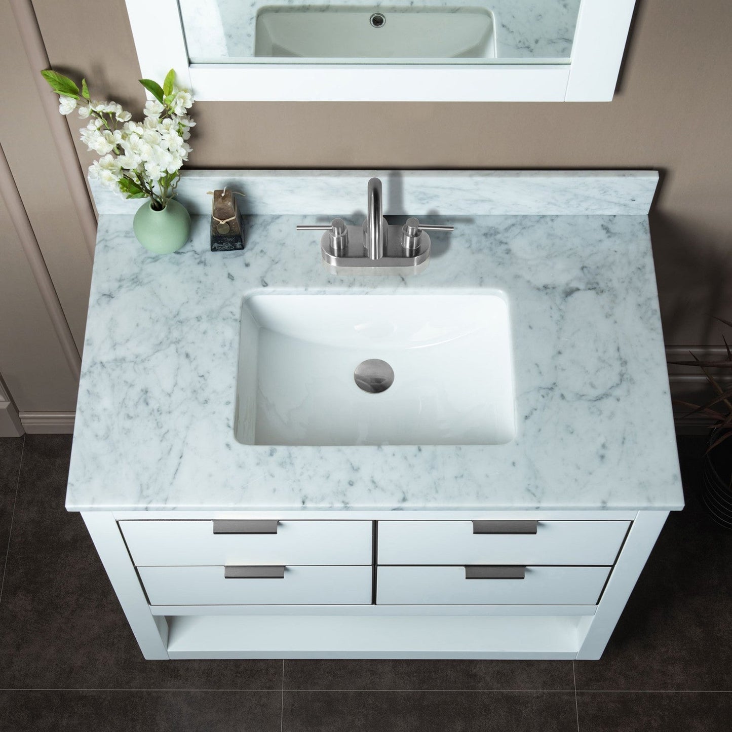 Woodbridge Venice 43" White and Brushed Nickel Trim Solid Wood Vanity Base and Carrara Marble Top With 3 Pre-Drilled Holes for 4" Centerset Faucet