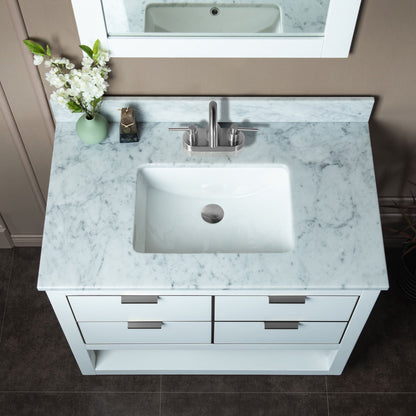 Woodbridge Venice 43" White and Brushed Nickel Trim Solid Wood Vanity Base and Carrara Marble Top With 3 Pre-Drilled Holes for 4" Centerset Faucet