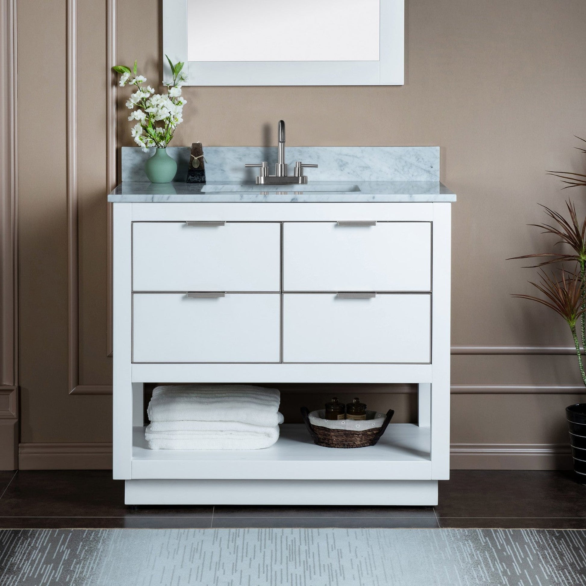 Woodbridge Venice 43" White and Brushed Nickel Trim Solid Wood Vanity Base and Carrara Marble Top With 3 Pre-Drilled Holes for 4" Centerset Faucet