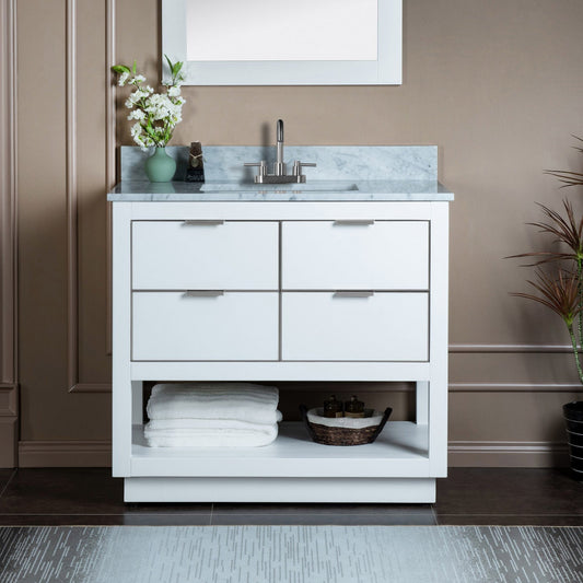 Woodbridge Venice 43" White and Brushed Nickel Trim Solid Wood Vanity Base and Carrara Marble Top With 3 Pre-Drilled Holes for 4" Centerset Faucet