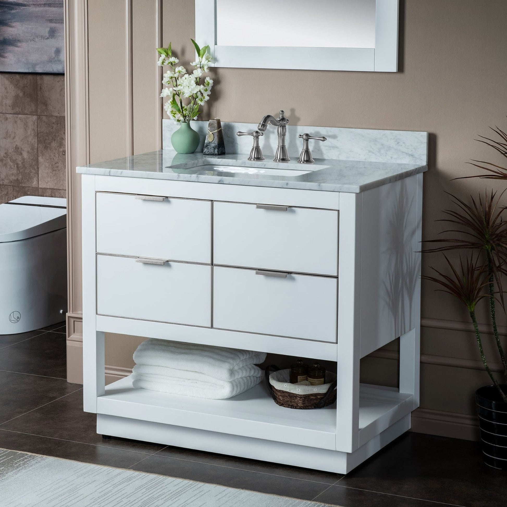 Woodbridge Venice 43" White and Brushed Nickel Trim Solid Wood Vanity Base and Carrara Marble Top With 3 Pre-drilled Holes for 8" Widespread Faucet
