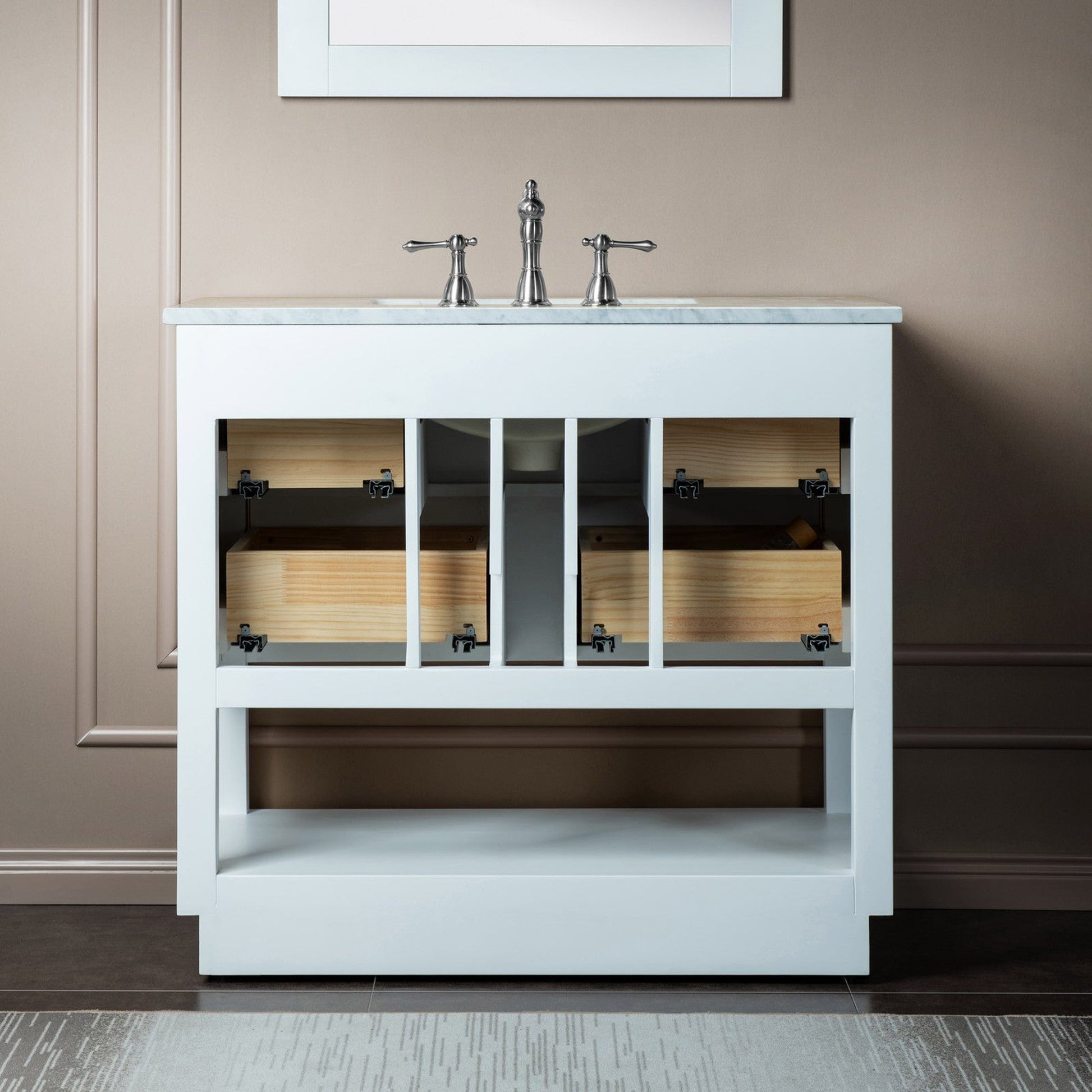 Woodbridge Venice 43" White and Brushed Nickel Trim Solid Wood Vanity Base and Carrara Marble Top With 3 Pre-drilled Holes for 8" Widespread Faucet