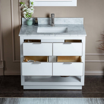 Woodbridge Venice 43" White and Brushed Nickel Trim Solid Wood Vanity Base and Carrara Marble Top With Pre-Drilled Single Hole Faucet