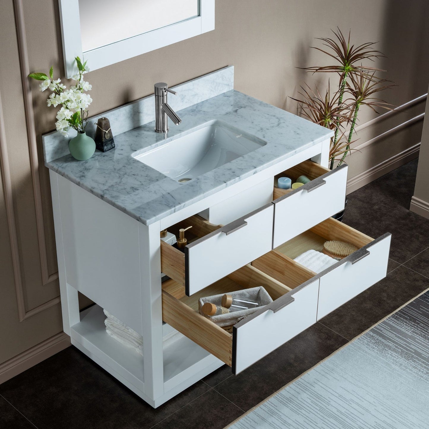 Woodbridge Venice 43" White and Brushed Nickel Trim Solid Wood Vanity Base and Carrara Marble Top With Pre-Drilled Single Hole Faucet