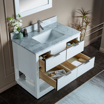 Woodbridge Venice 43" White and Brushed Nickel Trim Solid Wood Vanity Base and Carrara Marble Top With Pre-Drilled Single Hole Faucet