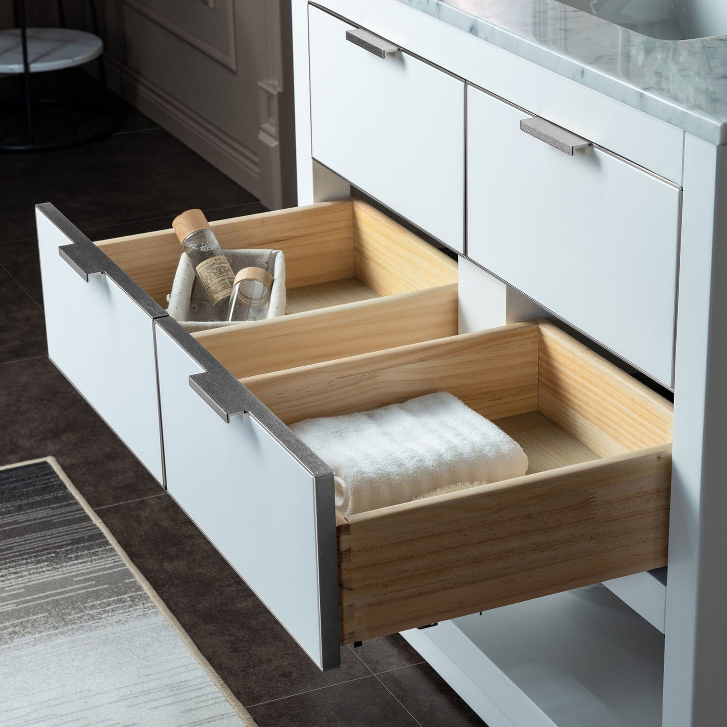 Woodbridge Venice 43" White and Brushed Nickel Trim Solid Wood Vanity Base and Carrara Marble Top With Pre-Drilled Single Hole Faucet
