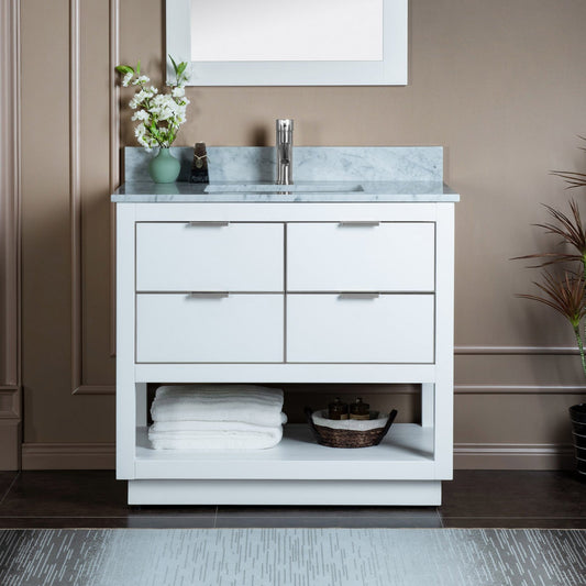 Woodbridge Venice 43" White and Brushed Nickel Trim Solid Wood Vanity Base and Carrara Marble Top With Pre-Drilled Single Hole Faucet