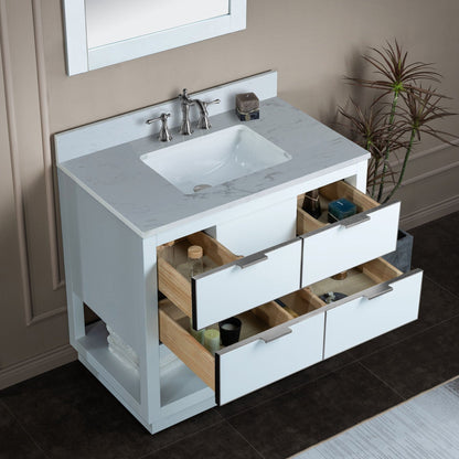 Woodbridge Venice 43" White and Brushed Nickel Trim Solid Wood Vanity Base and Carrara White Engineered Stone Top With 3 Pre-drilled Holes for 8" Widespread Faucet