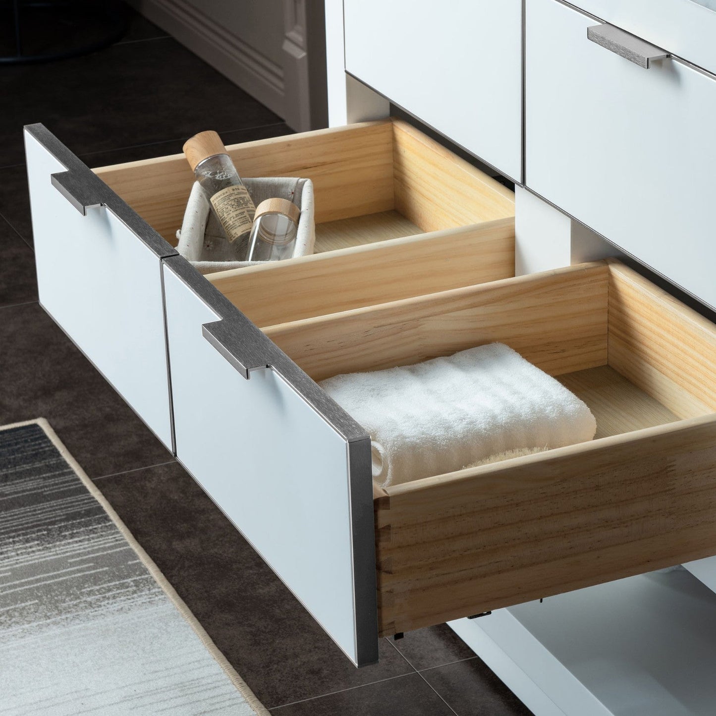Woodbridge Venice 43" White and Brushed Nickel Trim Solid Wood Vanity Base and Carrara White Engineered Stone Top With 3 Pre-drilled Holes for 8" Widespread Faucet