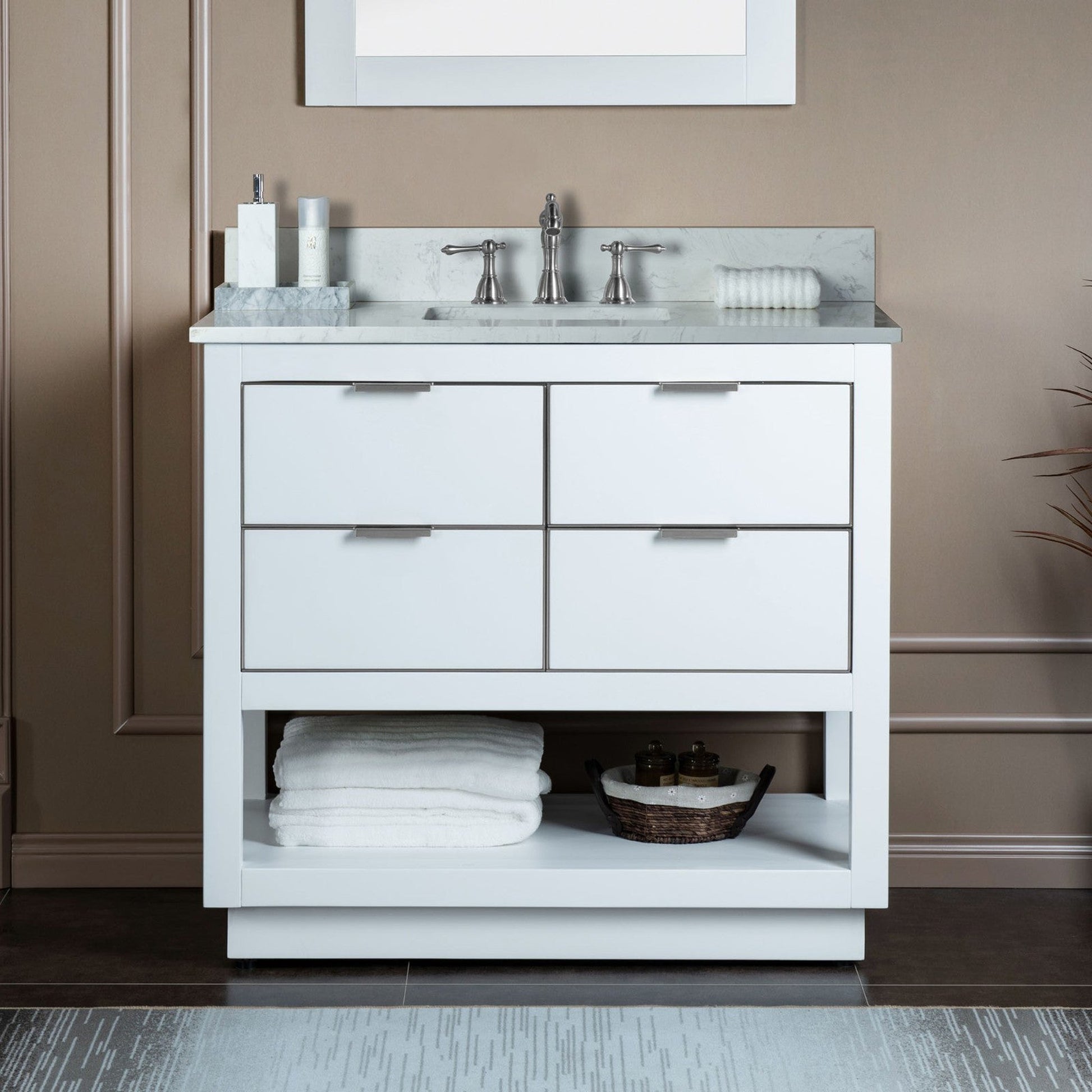 Woodbridge Venice 43" White and Brushed Nickel Trim Solid Wood Vanity Base and Carrara White Engineered Stone Top With 3 Pre-drilled Holes for 8" Widespread Faucet