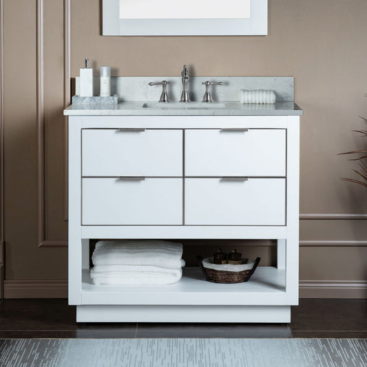Woodbridge Venice 43" White and Brushed Nickel Trim Solid Wood Vanity Base and Carrara White Engineered Stone Top With 3 Pre-drilled Holes for 8" Widespread Faucet