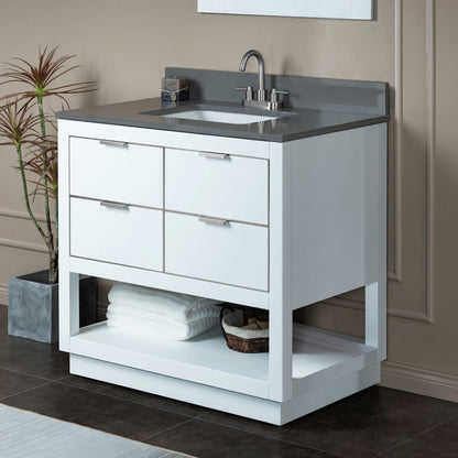 Woodbridge Venice 43" White and Brushed Nickel Trim Solid Wood Vanity Base and Dark Gray Engineered Stone Composite Top With 3 Pre-Drilled Holes for 4" Centerset Faucet