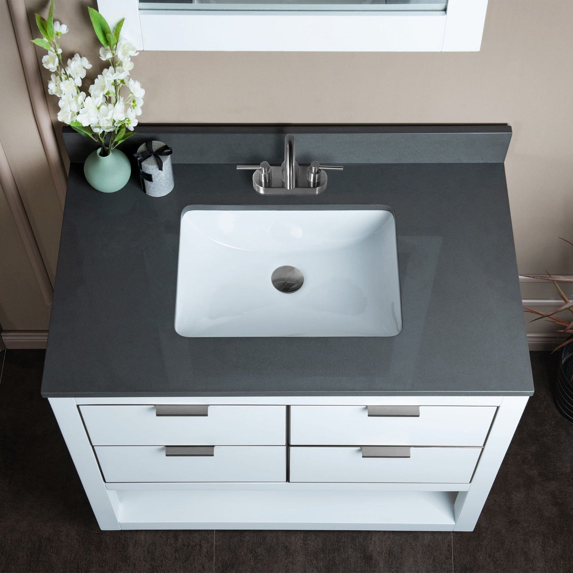 Woodbridge Venice 43" White and Brushed Nickel Trim Solid Wood Vanity Base and Dark Gray Engineered Stone Composite Top With 3 Pre-Drilled Holes for 4" Centerset Faucet