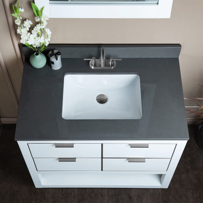 Woodbridge Venice 43" White and Brushed Nickel Trim Solid Wood Vanity Base and Dark Gray Engineered Stone Composite Top With 3 Pre-Drilled Holes for 4" Centerset Faucet