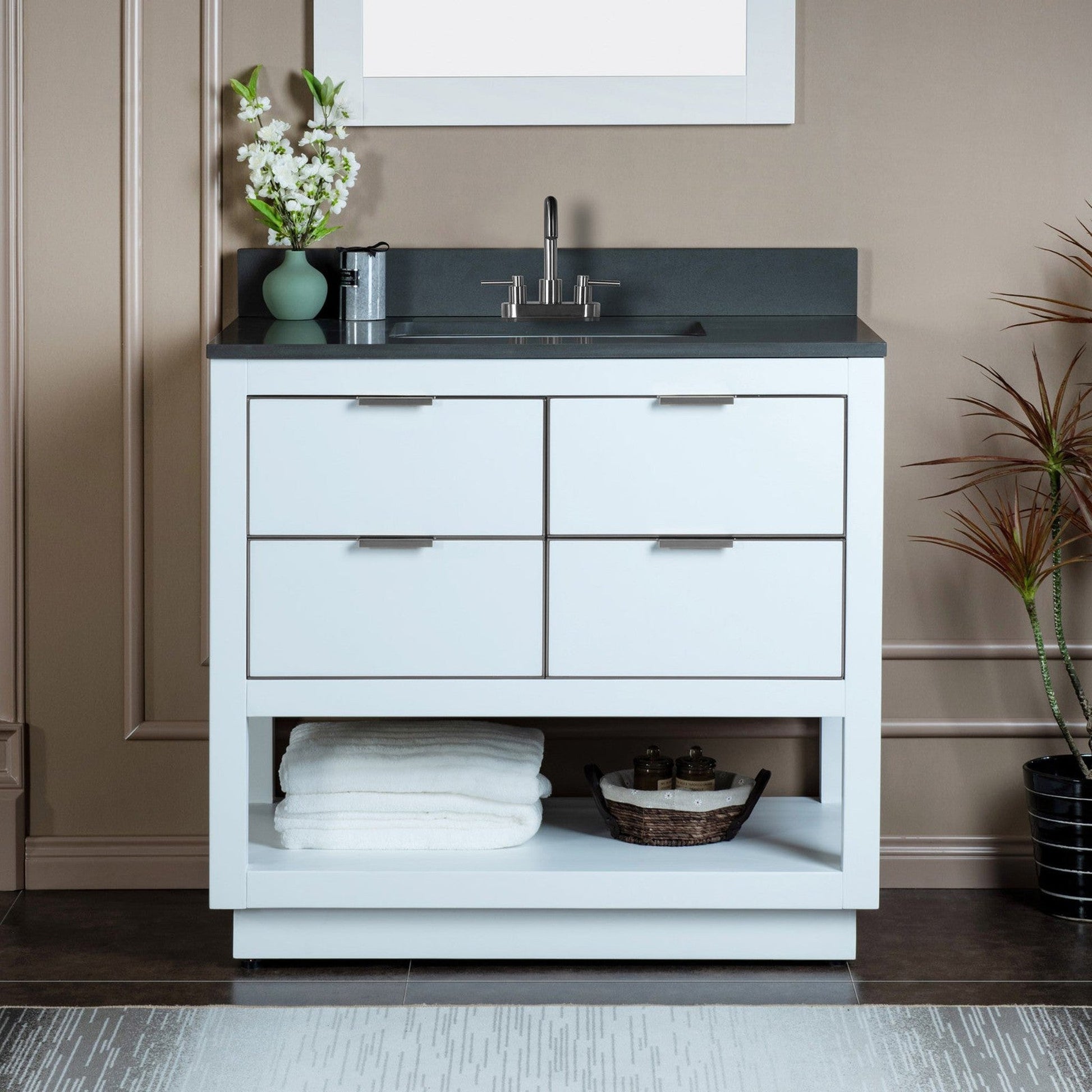 Woodbridge Venice 43" White and Brushed Nickel Trim Solid Wood Vanity Base and Dark Gray Engineered Stone Composite Top With 3 Pre-Drilled Holes for 4" Centerset Faucet