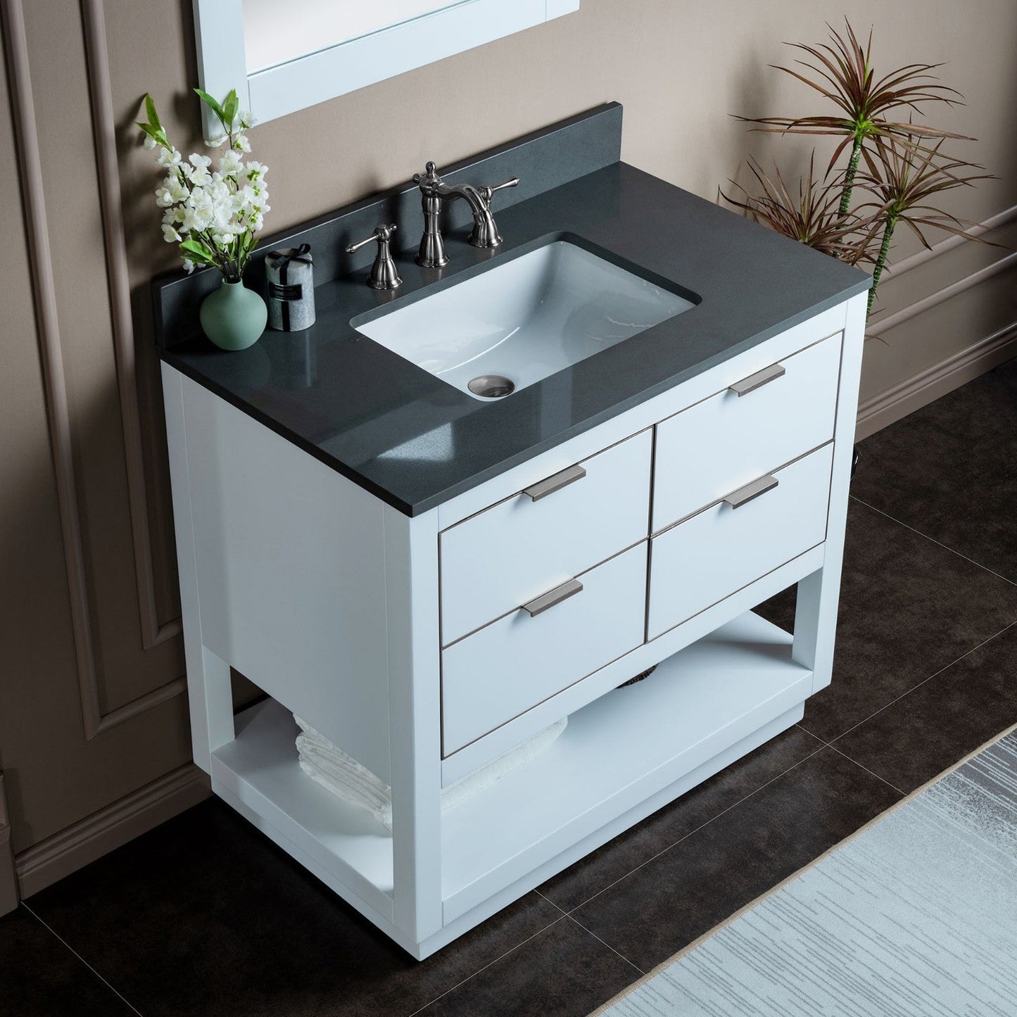 Woodbridge Venice 43" White and Brushed Nickel Trim Solid Wood Vanity Base and Dark Gray Engineered Stone Composite Top With 3 Pre-drilled Holes for 8" Widespread Faucet