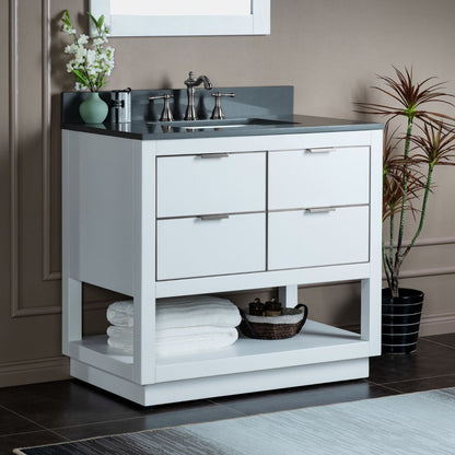 Woodbridge Venice 43" White and Brushed Nickel Trim Solid Wood Vanity Base and Dark Gray Engineered Stone Composite Top With 3 Pre-drilled Holes for 8" Widespread Faucet